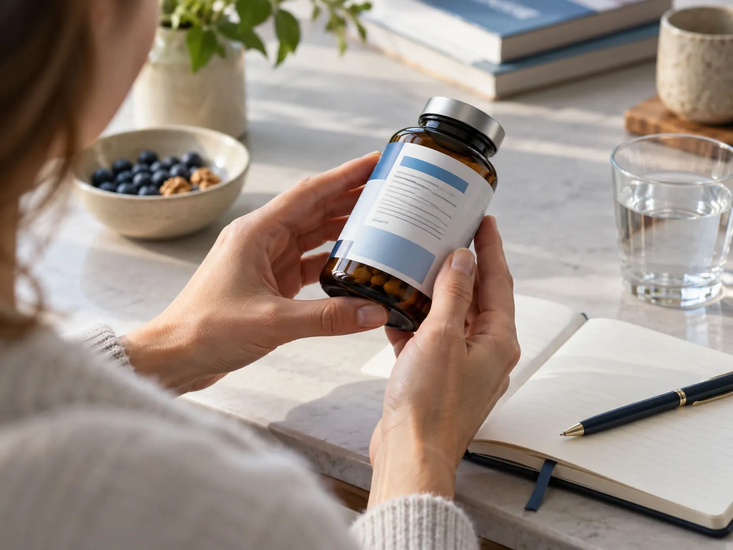 Person reading the label on a supplement bottle