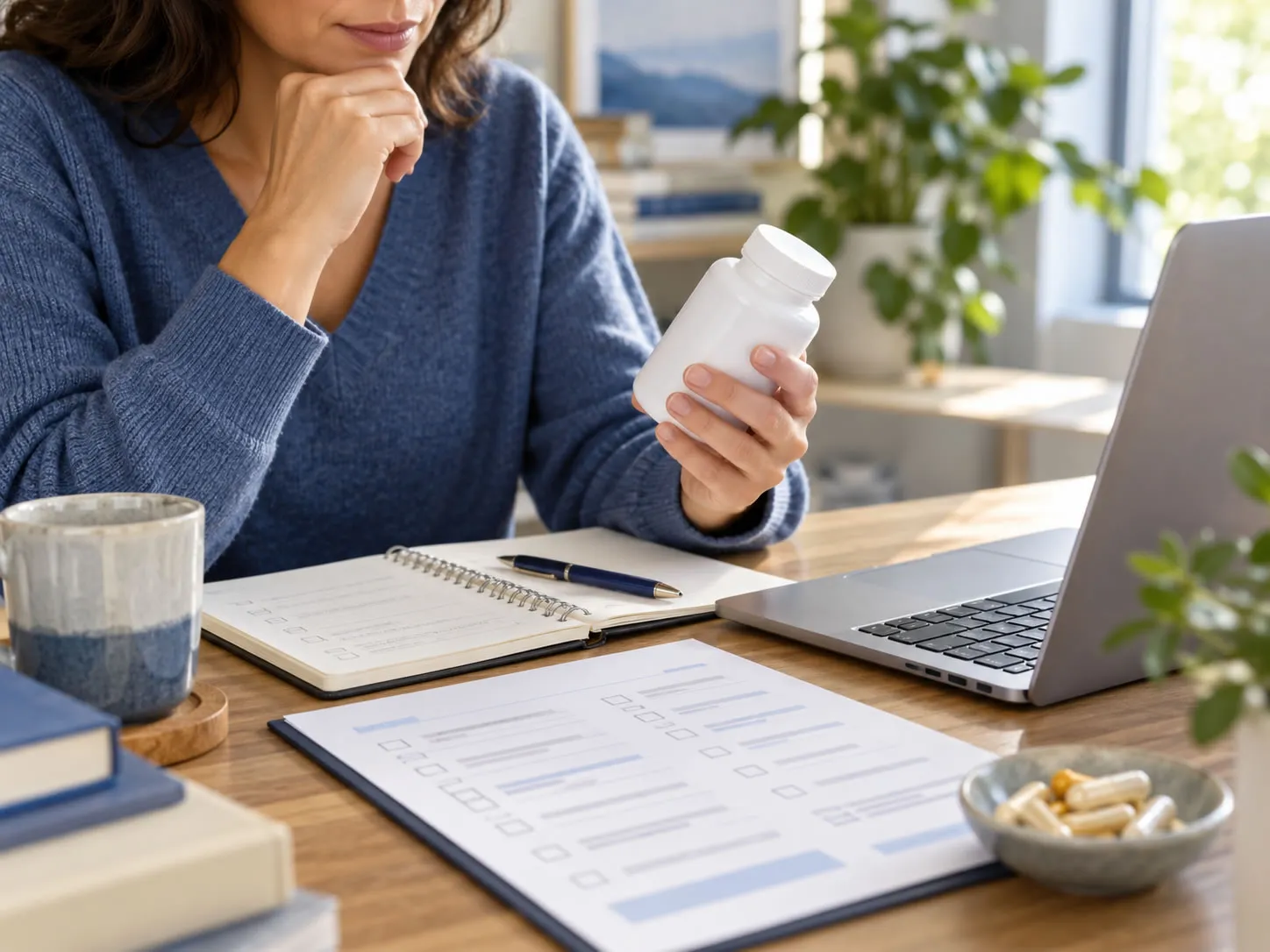 Person comparing a supplement bottle with notes and a laptop