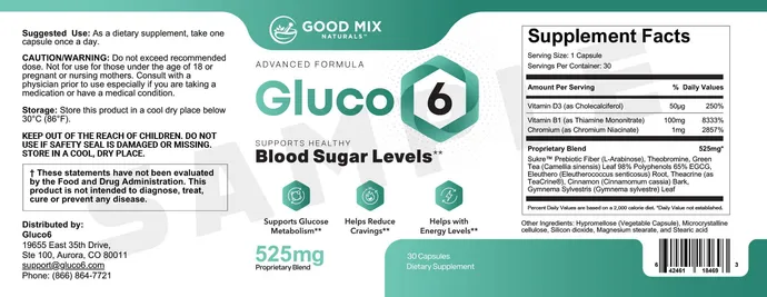 Gluco6 supplement facts label supplied with the product assets