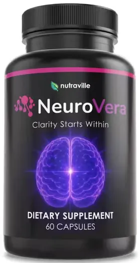 NeuroVera dietary supplement bottle with purple brain artwork