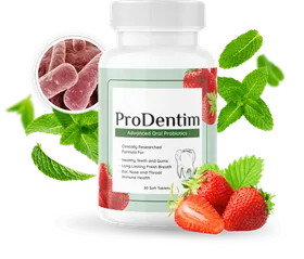 ProDentim oral probiotic tablet bottle with strawberry and mint artwork